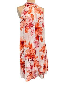 SLNY  Orange Coral White Floral Hibiscus Swing Floral Halter Dress 16
